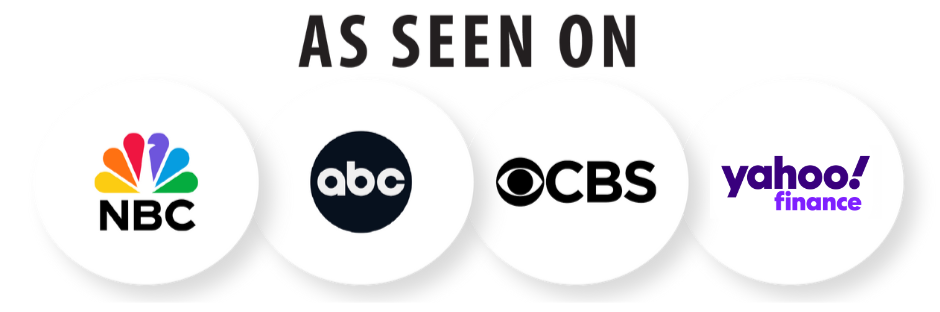 Logos of NBC, ABC, CBS, and Yahoo Finance with 'As Seen On' text on a white background