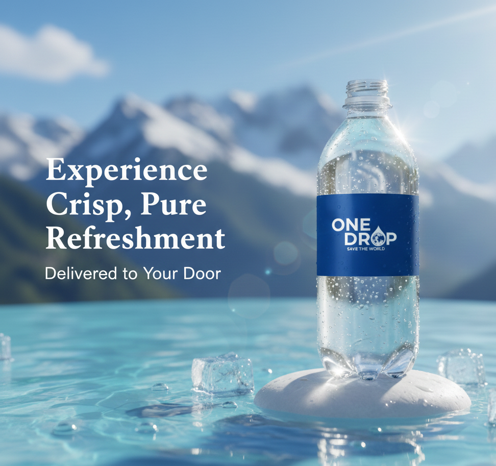 Fresh, cold purified water bottle with crisp mountain background and ice, highlighting local bottled water delivery service that donates one gallon for every bottle enjoyed.
